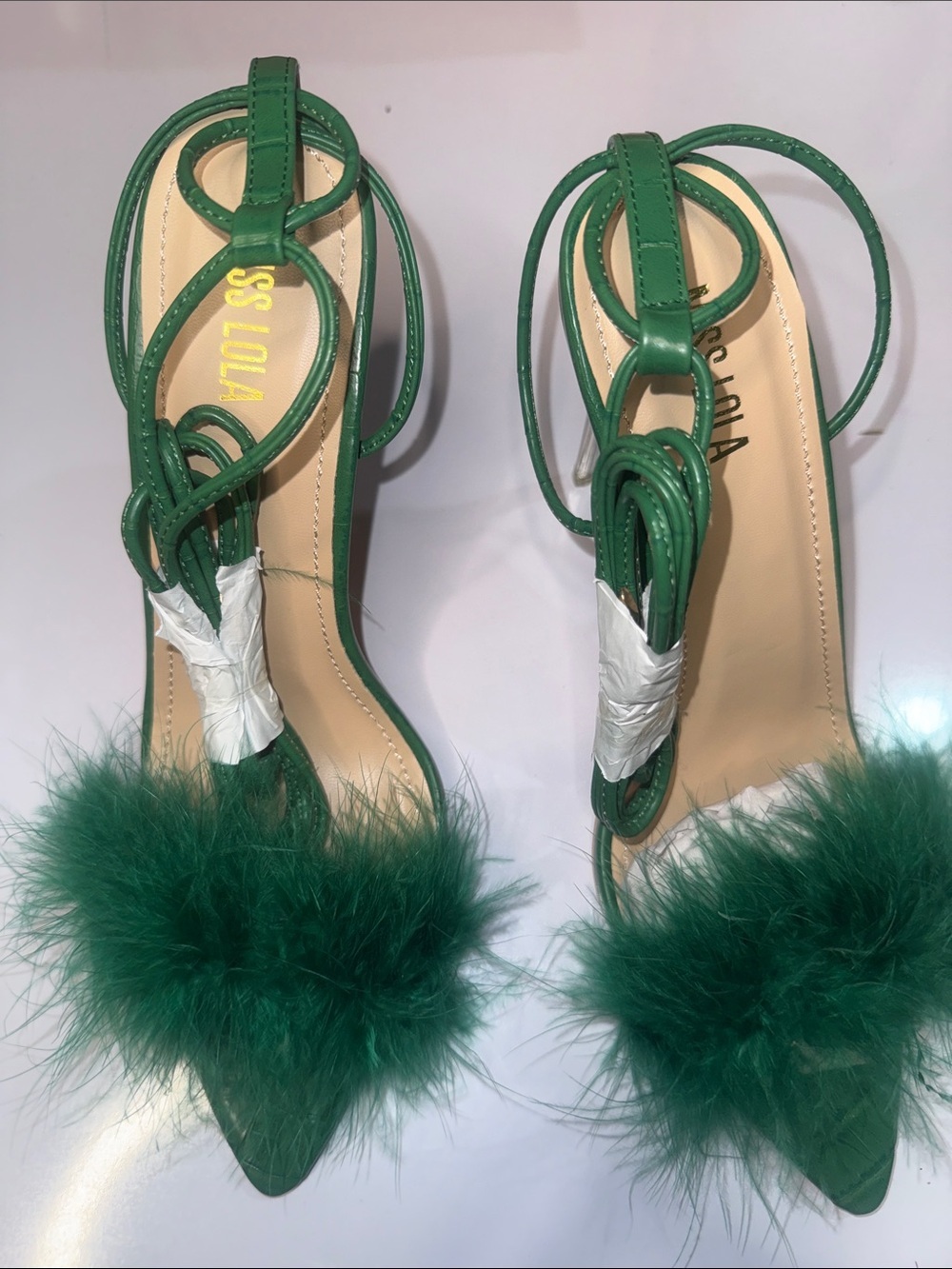 Miss Lola Green Feather Trim Slingback Mules